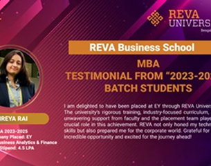REVA Business School student testimonial layout badge card